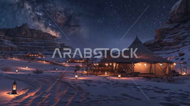 التكوينات والتشكيلات الصخرية في صحاري المملكة العربية السعودية، الكثبان الرملية الناعمة وقت الليل، خيمة بدوية شعبية مضاءة بالفوانيس المعدنية وسط الصحراء، مناطق وأماكن التخييم السياحية الصحراوية، مخيمات سياحية في المناطق البرية