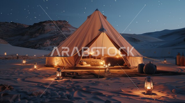 أجواء التخييم الشبابية الممتعه، المغامرات والكشتات البرية، خيام شعبية في المناطق الصحراوية، الطبيعة والرمال الذهبية الناعمة، أجواء ليلية هادئة أمام الفوانيس المعدنية المشتعلة, مخيمات سياحية في صحاري المملكة العربية السعودية