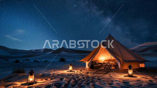 كشتة ومغامرة برية، جلسة ليلية هادئة أمام الفوانيس المعدنية المشتعلة، أجواء التخييم الشبابية الممتعه، الرمال الذهبية الناعمة والطبيعة، خيمة شعبية في المناطق الصحراوية، مخيمات سياحية في صحاري المملكة العربية السعودية