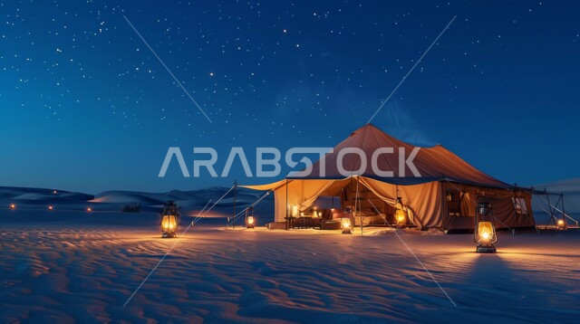 الكشتات والمغامرات البرية، أجواء التخييم الشبابية الممتعه، الرمال الذهبية الناعمة والطبيعة، خيمة شعبية في المناطق الصحراوية، مخيمات سياحية في صحاري المملكة العربية السعودية، جلسة ليلية هادئة أمام الفوانيس المعدنية المشتعلة