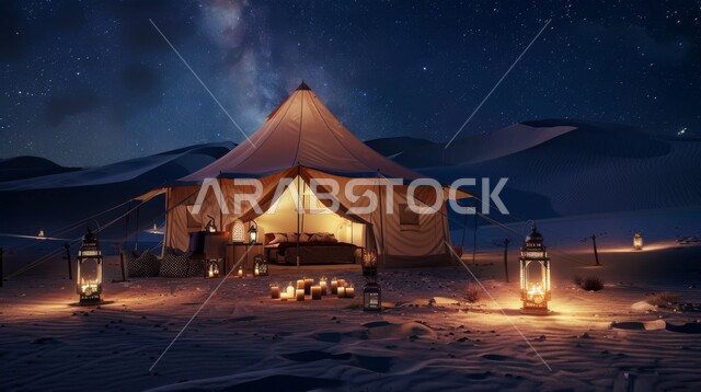 المغامرات والكشتات البرية، أجواء التخييم الشبابية الممتعه، الرمال الذهبية الناعمة والطبيعة، خيمة شعبية في المناطق الصحراوية، مخيمات سياحية في صحاري المملكة العربية السعودية، جلسة ليلية هادئة أمام الفوانيس المعدنية المشتعلة