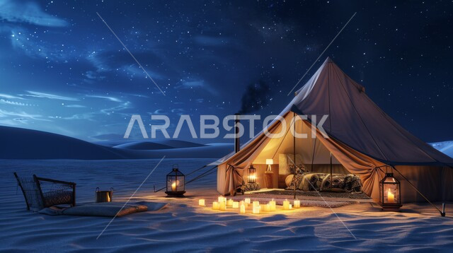 أجواء التخييم الشبابية الممتعه، الرمال الذهبية الناعمة والطبيعة، خيمة شعبية في المناطق الصحراوية، مخيمات سياحية في صحاري المملكة العربية السعودية، المغامرات والكشتات البرية، جلسة ليلية هادئة أمام الفوانيس المعدنية المشتعلة