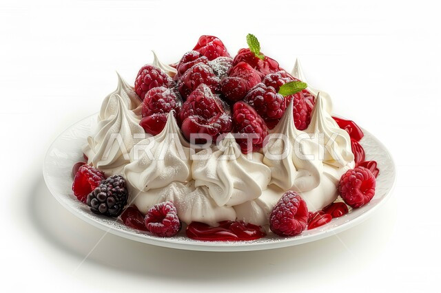 قالب من كيكة الفانيليا الإسفنجية المزينة بالكريمة والفواكه الصيفية الطازجة، حلوى بافلوفا اللذيذة، زينة كريمة الخفق الشهية، أطعمه وسكريات ذات سعرات حراريه عاليه، حلويات طازجة مخبوزة في الفرن، خلفية بيضاء