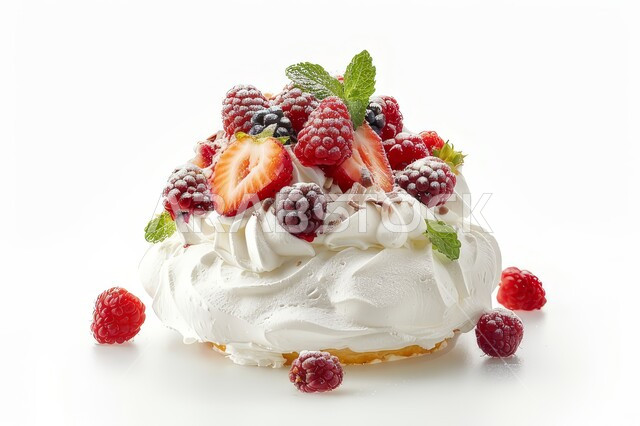 قالب من كيكة الفانيليا الإسفنجية المزينة بالكريمة والفواكه الصيفية الطازجة، حلوى بافلوفا اللذيذة، زينة كريمة الخفق الشهية، أطعمه وسكريات ذات سعرات حراريه عاليه، حلويات طازجة مخبوزة في الفرن، خلفية بيضاء