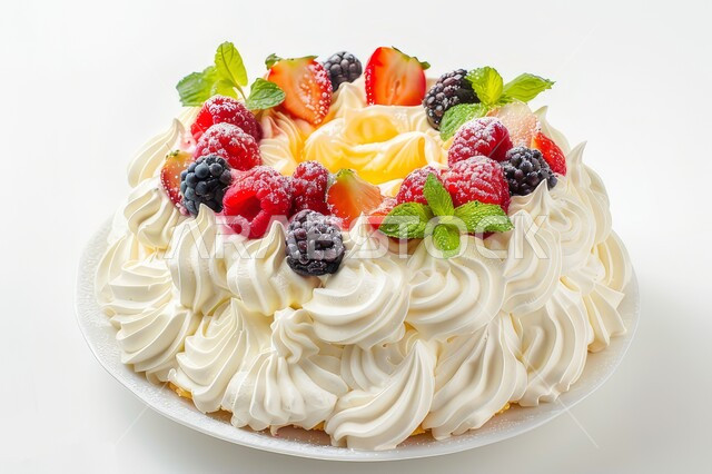 زينة كريمة الخفق الشهية، قالب من كيكة الفانيليا الإسفنجية المزينة بالكريمة والفواكه الصيفية الطازجة، أطعمه وسكريات ذات سعرات حراريه عاليه، حلوى بافلوفا اللذيذة، حلويات طازجة مخبوزة في الفرن، خلفية بيضاء