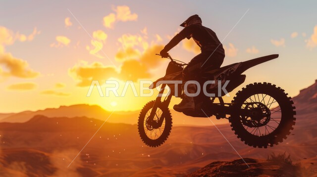 Practicing the sport of dune bashing in the desert of the Kingdom of Saudi Arabia, riding fast motorcycles in desert areas, exciting challenges and recreational activities, a silhouette of a young Saudi Arabian Gulf man riding a bike over sand dunes, Saluit