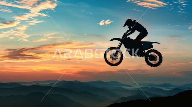 ركوب الدراجات النارية السريعة في المناطق الصحراوية، التحديات الحماسية و الأنشطة الترفيهية، ممارسة رياضة التطعيس في صحراء المملكة العربية السعودية، صورة ظلية لشاب عربي خليجي سعودي يقوم بقيادة الدراجة فوق الكثبان الرملية، سالويت