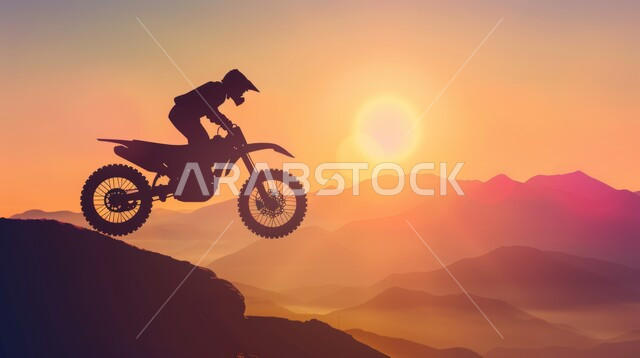 التحديات الحماسية و الأنشطة الترفيهية، ممارسة رياضة التطعيس في صحراء المملكة العربية السعودية، ركوب الدراجات النارية السريعة في المناطق الصحراوية، صورة ظلية لشاب عربي خليجي سعودي يقوم بقيادة الدراجة فوق الكثبان الرملية، سالويت