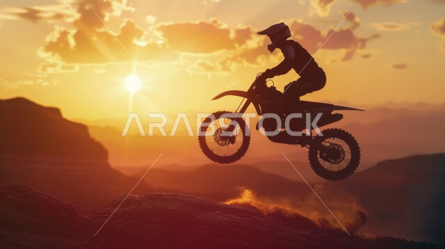  الأنشطة الترفيهية والتحديات الحماسية، ممارسة رياضة التطعيس في صحراء المملكة العربية السعودية، ركوب الدراجات النارية السريعة في المناطق الصحراوية، صورة ظلية لشاب عربي خليجي سعودي يقوم بقيادة الدراجة فوق الكثبان الرملية، سالويت