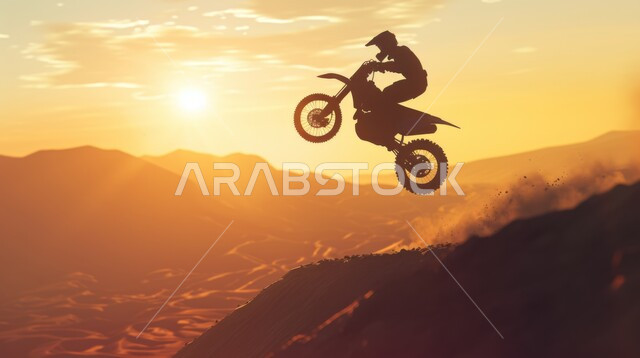 ممارسة رياضة التطعيس في صحراء المملكة العربية السعودية، ركوب الدراجات النارية السريعة في المناطق الصحراوية، صورة ظلية لشاب عربي خليجي سعودي يقوم بقيادة الدراجة فوق الكثبان الرملية، الأنشطة الترفيهية والتحديات الحماسية، سالويت