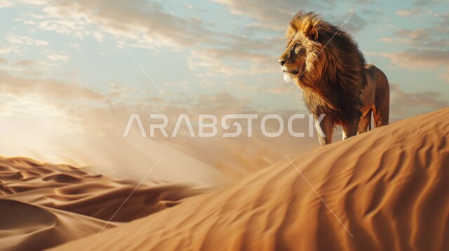 تربية ورعاية الحيوانات الشرسة والمفترسة في المحميات الطبيعية، الحياة البرية في المناطق الصحراوية، الكثبان الرملية والرمال الذهبية الناعمة، حيوان الأسد مستلقي على الأرض في صحاري المملكة العربية السعودية