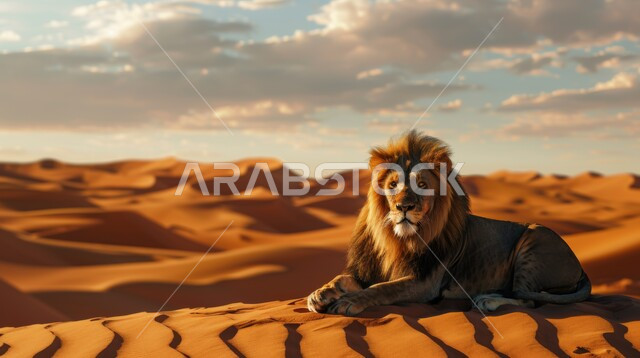 الكثبان الرملية والرمال الذهبية الناعمة، حيوان الأسد مستلقي على الأرض في صحاري المملكة العربية السعودية، رعاية وتربية الحيوانات الشرسة والمفترسة في المحميات الطبيعية، الحياة البرية في المناطق الصحراوية