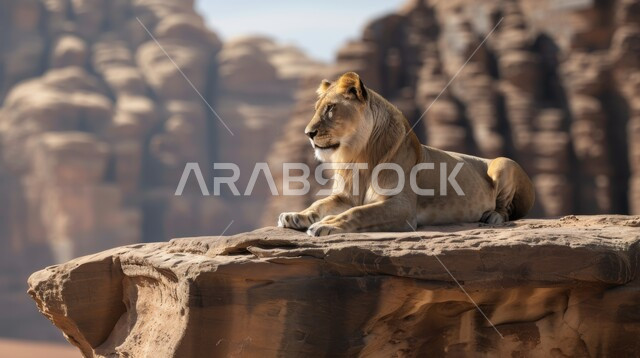 الرمال الذهبية الناعمة والكثبان الرملية، التشكيلات والتكوينات الصخرية، حيوان الأسد يجلس على صخرة في صحاري المملكة العربية السعودية، المحميات الطبيعية لتربية الحيوانات الشرسة والمفترسة ، الحياة البرية في المناطق الصحراوية