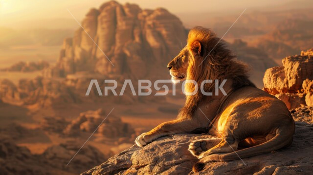 الكثبان الرملية والرمال الذهبية الناعمة، التشكيلات والتكوينات الصخرية، حيوان الأسد يجلس على صخرة في صحاري المملكة العربية السعودية، المحميات الطبيعية لتربية الحيوانات الشرسة والمفترسة ، الحياة البرية في المناطق الصحراوية