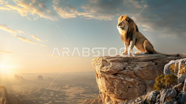 التشكيلات والتكوينات الصخرية، حيوان الأسد يجلس على صخرة في صحاري المملكة العربية السعودية، المحميات الطبيعية لتربية الحيوانات الشرسة والمفترسة ، الحياة البرية في المناطق الصحراوية، الكثبان الرملية والرمال الذهبية الناعمة