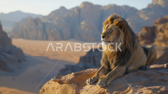 التكوينات والتشكيلات الصخرية، حيوان الأسد يجلس على صخرة في صحاري المملكة العربية السعودية، المحميات الطبيعية لتربية الحيوانات الشرسة والمفترسة ، الحياة البرية في المناطق الصحراوية، الكثبان الرملية والرمال الذهبية الناعمة