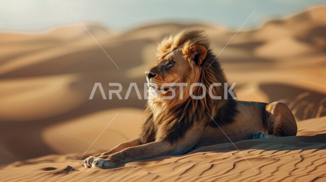 تربية ورعاية الحيوانات الشرسة والمفترسة في المحميات الطبيعية، حيوان الأسد مستلقي على الأرض في صحاري المملكة العربية السعودية، الحياة البرية في المناطق الصحراوية، الكثبان الرملية والرمال الذهبية الناعمة