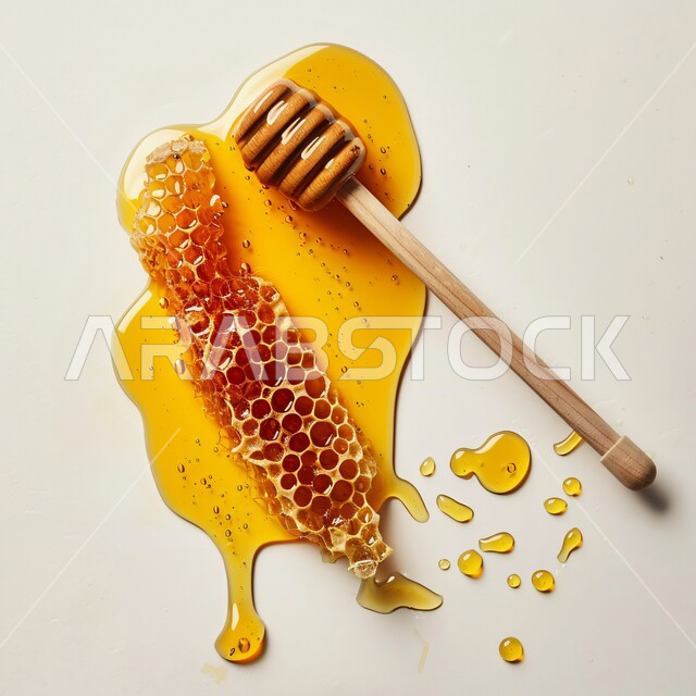 الأساليب الفنية لعرض وتصوير البضائع، أغذية صحية طبيعية مفيدة, منتجات غذائية محلية وطنية في المملكة العربية السعودية، استخراج عسل النحل الطبيعي من المناحل, صورة مقربة لقرص من العسل الشمعي بجانب مغرفة خشبية، خلفية بيضاء