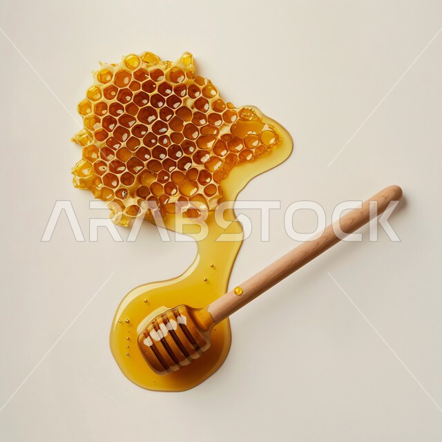 الأساليب الفنية لعرض وتصوير البضائع، أغذية صحية طبيعية مفيدة, منتجات غذائية محلية وطنية في المملكة العربية السعودية، استخراج عسل النحل الطبيعي من المناحل, صورة مقربة لقرص من العسل الشمعي بجانب مغرفة خشبية، خلفية بيضاء