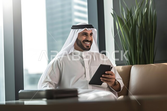 إدارة شؤون العمل وتنظيمها، دمج التقنيات الحديثة والمتطورة بالأعمال المكتبية، مهن ووظائف إدارية سعودية، رجل عربي خليجي إماراتي مبتسم يرتدي الكندورة والغترة يمسك جهاز التابليت يجلس في مقر العمل وينظر إلى شيء ما بإيماءات البهجة والسرور