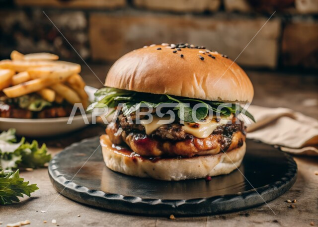 ساندوتش البرجر بقطع الدجاج الترياكي وشرائح من الخضراوات الطازجة مع صوص الباربكيوعلى طبق أسود, مطاعم للمأكولات السريعة في المملكة العربية السعودية، وجبة الهمبرجر مع البطاطا المقلية اللذيذة، وصفات الطعام الغير صحية