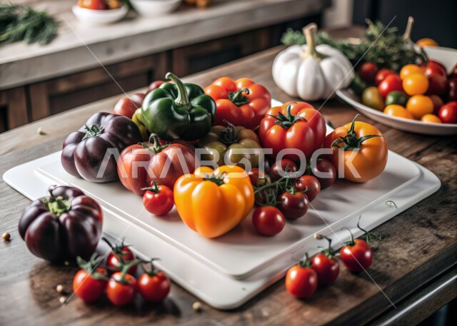 المحاصيل الوطنية السعودية الفاخرة, البعض من حبات من الفلفل الملون والطماطم الصغيرة على لوح تقطيع أبيض, خضروات وفواكه طازجة مقطوفة من مزارع المملكة, عرض المنتجات المحلية، وصفات الطعام المطبخية الشهية، إعداد السلطات الصحية المفيدة