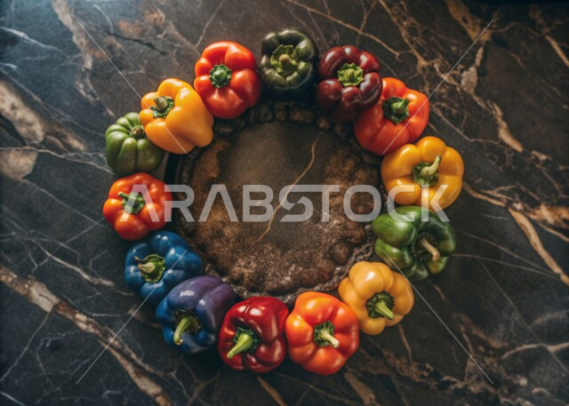 عرض المنتجات المحلية, حبات من الفلفل الملون مرتبين بشكل دائري على سطح رخامي, خضروات وفواكه طازجة مقطوفة من مزارع المملكة, المحاصيل الوطنية السعودية الفاخرة