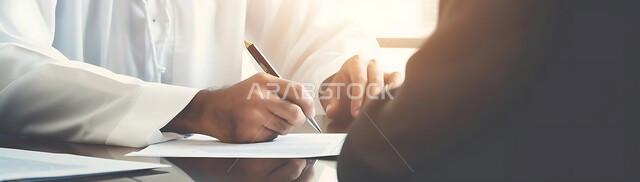 التحقيق والتدقيق في شروط العقد، قراءة البنود الخاصة بالعمل، صورة مقربة لأيدي رجلان عربيان خليجيان سعوديان يجلسان داخل مكتب يقومان بالتوقيع على أوراق إحدى العقود، بناء شراكات واتفاقيات جديدة