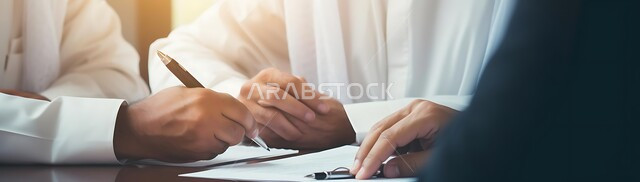 قراءة البنود الخاصة بالعمل، التحقيق والتدقيق في شروط العقد، صورة مقربة لأيدي رجلان عربيان خليجيان سعوديان يجلسان داخل مكتب يقومان بالتوقيع على أوراق إحدى العقود، بناء شراكات واتفاقيات جديدة