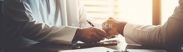 بناء شراكات واتفاقيات جديدة، التحقيق والتدقيق في شروط العقد، قراءة البنود الخاصة بالعمل، صورة مقربة لأيدي رجلان عربيان خليجيان سعوديان يجلسان داخل مكتب يقومان بالتوقيع على أوراق إحدى العقود