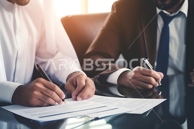 التحقيق والتدقيق في شروط العقد، قراءة البنود الخاصة بالعمل، صورة مقربة لأيدي رجلان عربيان خليجيان سعوديان يجلسان داخل مكتب يقومان بالتوقيع على أوراق إحدى العقود، بناء شراكات واتفاقيات جديدة