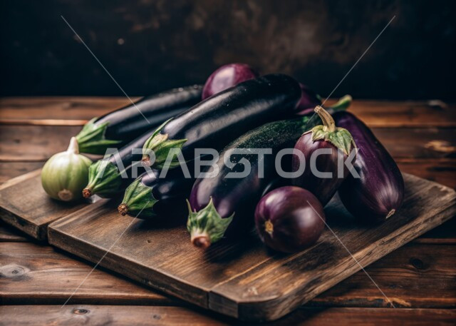 حبات من الباذنجان البنفسجي الطازج على لوح تقطيع خشبي, عرض المنتجات المحلية, خضروات وفواكه مقطوفة من مزارع المملكة, المحاصيل الوطنية السعودية الفاخرة، وصفات الطعام المطبخية التقليدية