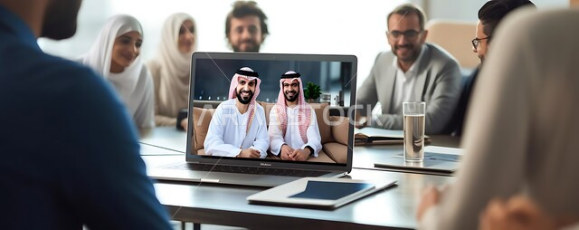 Making new agreements and deals, office administrative jobs and professions, close-up of a group of Gulf Arab businessmen and women sitting in an office holding an online business meeting, using modern technical devices to accomplish tasks