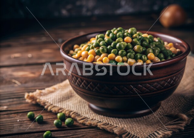 طبق من حبات الذرة الصفراء والبازلاء الخضراء, وعاء بني اللون مملوء بالحبوب الطازجة, منتجات وطنية محلية, محاصيل زراعية سعودية