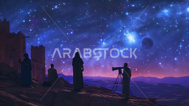 مراقبة النجوم في الصحراء, رجل عربي خليجي سعودي يضع المنظار أمامه لمشاهدة النجمات اللامعة والقمر, صورة ظلية لأشخاص يقفون على المرتفعات الجبلية, خلفية السماء المضيئة في الليل