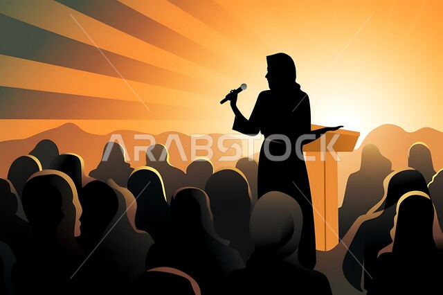 ورشات ودورات تدريب تعليمية نسائية في مختلف المجالات، دور المرأة في تطوير المجتمع السعودي, رسوم ظلية لسيدة عربية خليجية سعودية تقوم بإلقاء محاضرة أمام مجموعة من المتدربات