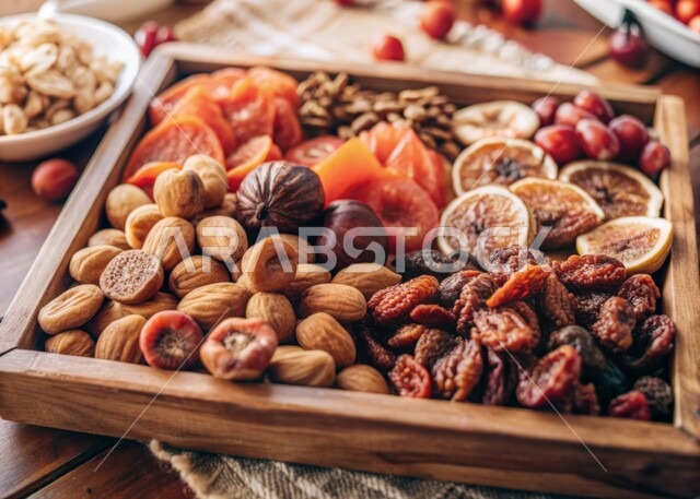 A highly important nutritional meal, agricultural crops and national Saudi local products, a close-up picture of a wooden plate filled with dates and types of fresh dried fruits, delicious healthy dates and nuts.