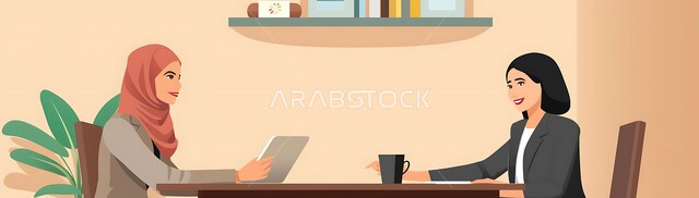 مفهوم التحاور وتبادل الأراء في خطط إنجاز الأعمال، رسوم كرتونية لمديرة داخل مكتب تقوم بإجراء مقابلة عمل مع إحدى الموظفات، مهن ووظائف سعودية، دور المرأة في تطوير المجتمع