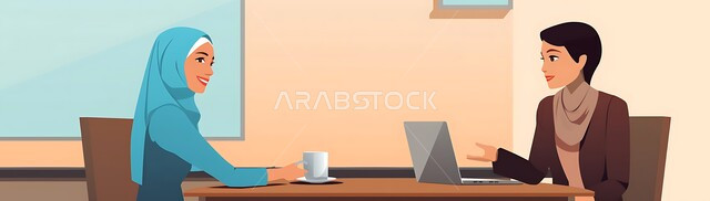 مفهوم التحاور وتبادل الأراء في خطط إنجاز الأعمال، رسوم كرتونية لمديرة داخل مكتب تقوم بإجراء مقابلة عمل مع إحدى الموظفات، مهن ووظائف سعودية، دور المرأة في تطوير المجتمع