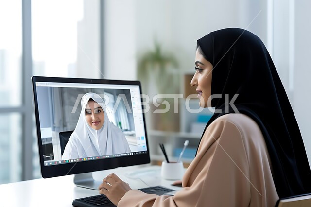 Office work, technological progress and development and modern devices, conducting interviews and business meetings via laptop, chats and conversations via video calls, a veiled Saudi Arabian Gulf woman communicating with a friend
