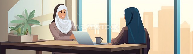 التعاون في إنجاز الأعمال، رسوم كرتونية لموظفتان عربيتان خليجيتان سعوديتان داخل المكتب تقومان بالتحاور وتبادل الأراء في خطط العمل، مهن ووظائف سعودية، دور المرأة في تطوير المجتمع