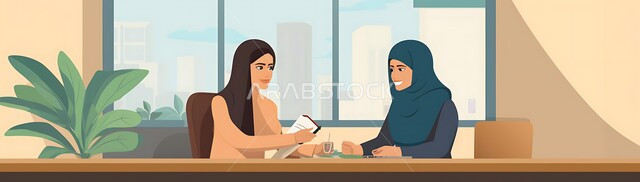 مفهوم التحاور وتبادل الأراء في خطط العمل، رسوم كرتونية لموظفتان عربيتان خليجيتان سعوديتان داخل المكتب تقومان بالتعاون في إنجاز الأعمال، مهن ووظائف سعودية، دور المرأة في تطوير المجتمع