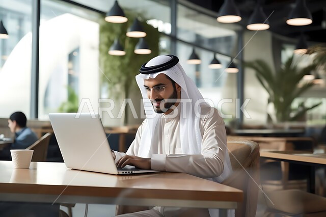 إدارة شؤون الأعمال وتنظيمها عبر الاجهزة التقنية، وظائف و مهن ادارية مكتبية, دمج التكنولوجيا مع الحياة العملية، رجل اعمال عربي خليجي سعودي يرتدي الزي التقليدي يقوم بالعمل على الحاسوب المحمول داخل المكتب