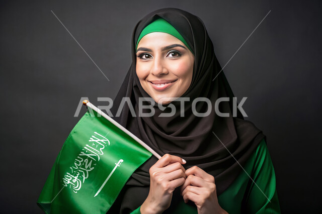الاحتفال بالأعياد والمناسبات الوطنية، يوم العلم 11 مارس، استذكار اليوم الوطني السعودي 23 سبتمبر، رفع راية التوحيد والإسلام، بورتريه مقرب لامرأة عربية خليجية سعودية محجبة تحمل بيدها علم السعودية الاخضر، الفخر و الاعتزاز بالانتماء للوطن، خلفية سوداء