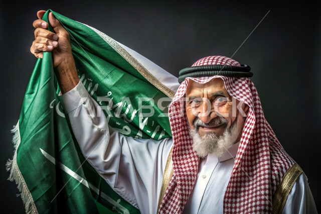 الاحتفال بالأعياد والمناسبات الوطنية، استذكار اليوم الوطني السعودي 23 سبتمبر، رفع راية التوحيد والإسلام، الفخر و الاعتزاز بالانتماء للوطن، يوم العلم 11 مارس، بورتريه مقرب لرجل مسن عربي خليجي سعودي يحمل بيده علم السعودية الاخضر، خلفية سوداء