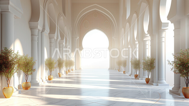 الديكورات الراقية للقصور والمساجد في المملكة العربية السعودية، الأقواس المزخرفة المبنية على الطراز الاسلامي القديم, الهندسة الفنية المعمارية، العبادة والتقرب الى الله، ممر مسجد فاخر ابيض اللون