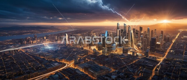 الأبراج والمباني والمنشآت التجارية المضيئة، رؤية مستقبلية سعودية 2030، مفهوم تطوير وتحسين البنية التحتية، منظر تخيلي مستقبلي للتقدم و النمو العمراني ,الفنون و التصاميم الهندسية المعمارية الحديثة لناطحات السحاب في المملكة