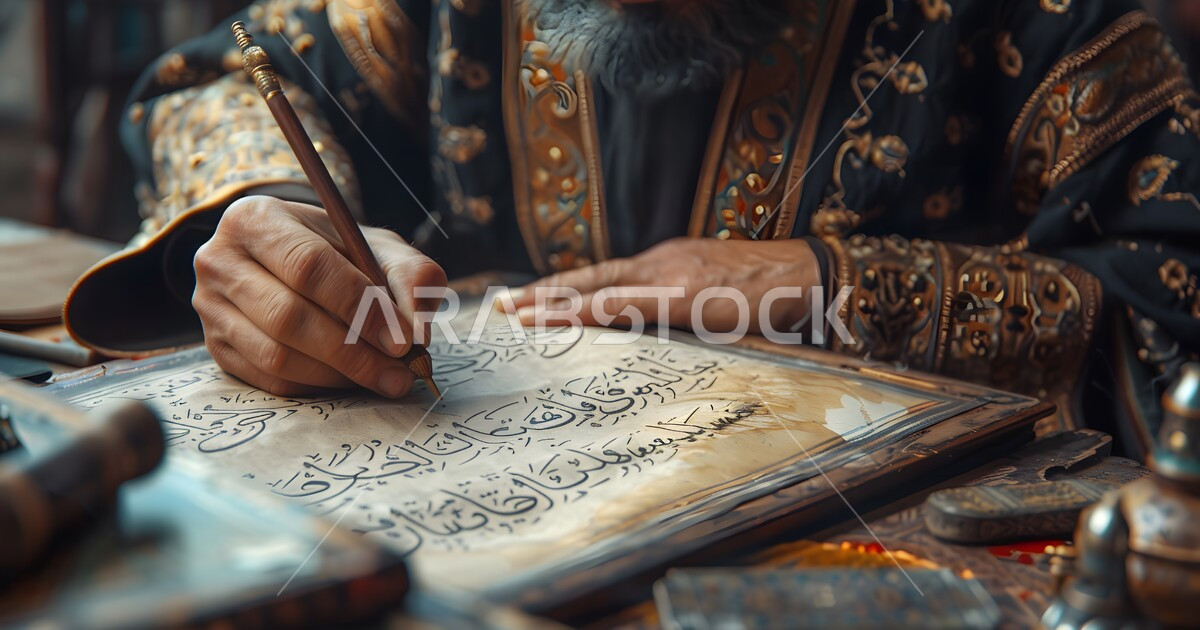 Arabic calligraphy arts, a close-up picture of the hands of a Saudi ...