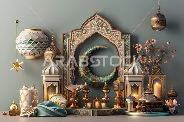 إضاءة ديكورية خلال شهر رمضان، قطع أثرية ثلاثية الأبعاد ، فوانيس عربية معدنية ذهبية، الاحتفال بقدوم الشهر الكريم، زخارف وزينة مميزة، أجواء رمضانية روحانية، خلفية رمادية