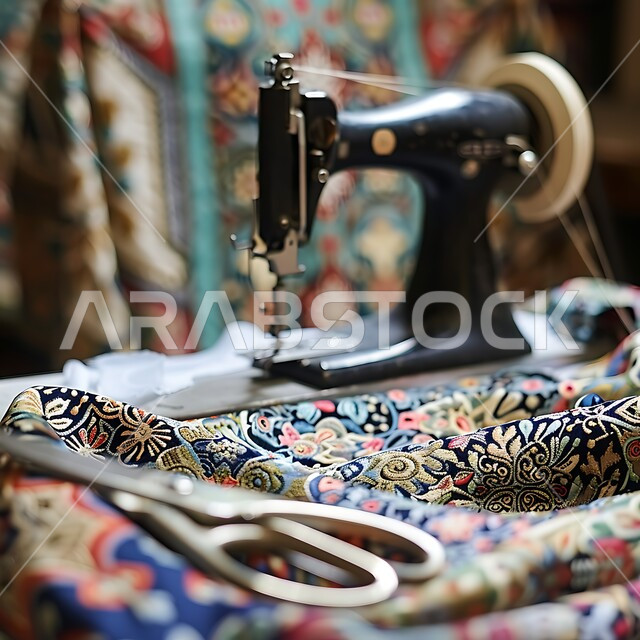 استعمال أدوات ومعدات الحياكة، تفصيل الملابس النسائية، صورة مقربة لماكينة خياطة، مهن و حرف يدوية  شعبية، اختيار أجود أنواع الأقمشة لصناعة الأثواب السعودية